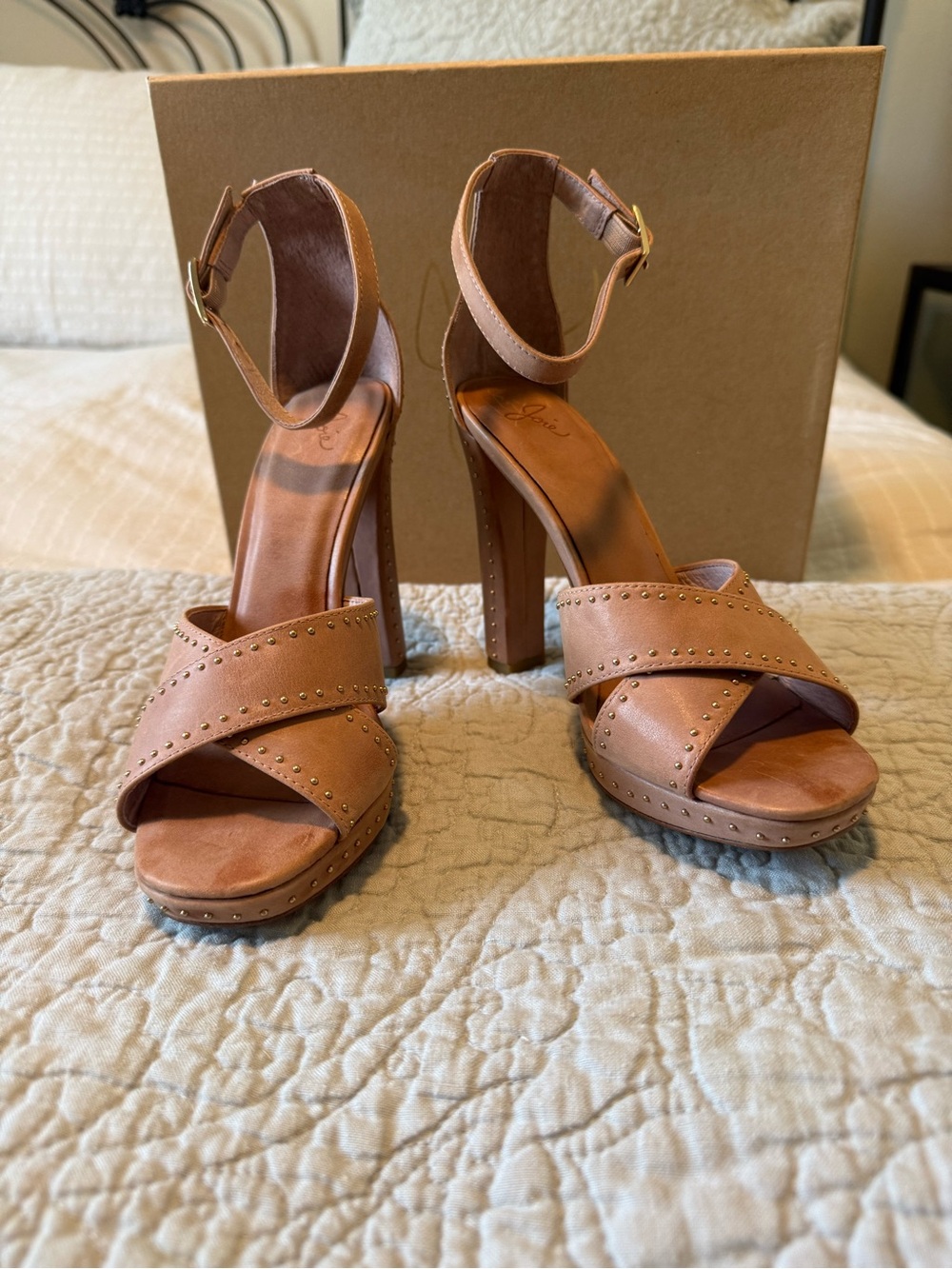 Joie Nude Studded Crisscross Platform Heels